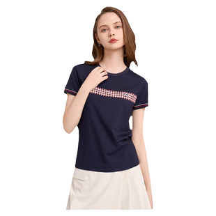 ELLE Active休闲撞色格纹短袖t恤女2026春夏新款垂感舒适正肩体恤