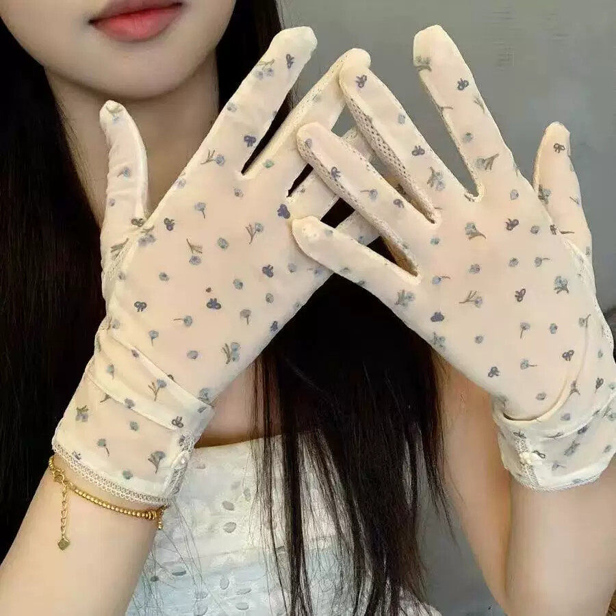 夏季冰丝薄款透气蕾丝防晒手套女开车骑车防紫外线触屏手袜手袖薄