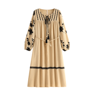 悦内睡裙女士睡衣春秋款秋季纯棉全棉纱布长袖复古法式大码长裙子