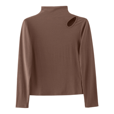 镂空半高领咖色打底衫女秋冬修身内搭针织长袖可外穿流行爆款上衣