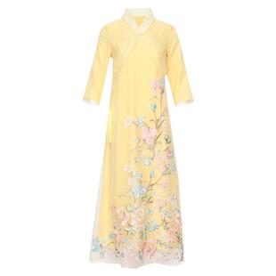 古装汉服女中国风改良高端茶服仙气飘逸禅意长款刺绣民族风连衣裙