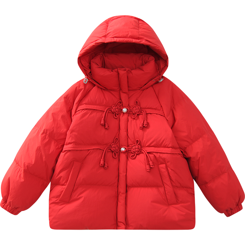 女童杜邦三防羽绒服冬装2024新款洋气儿童短款红色国风新年装外套