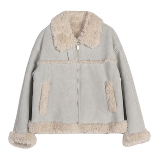 zonefive仿羊羔毛外套女 冬季新款皮草小个子加厚韩版上衣机车服