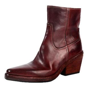 DREAMBOX钧博粗跟气质女靴水洗马皮尖头切尔西靴厚底增高洋气靴子