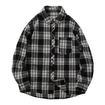 格纹长袖衬衫男加肥加大码潮流胖子宽松简约百搭日系复古春季寸衣