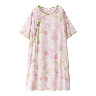 胖mm带胸垫中国风大码宽松薄人造棉绸睡裙女夏防凸点睡衣裙200斤