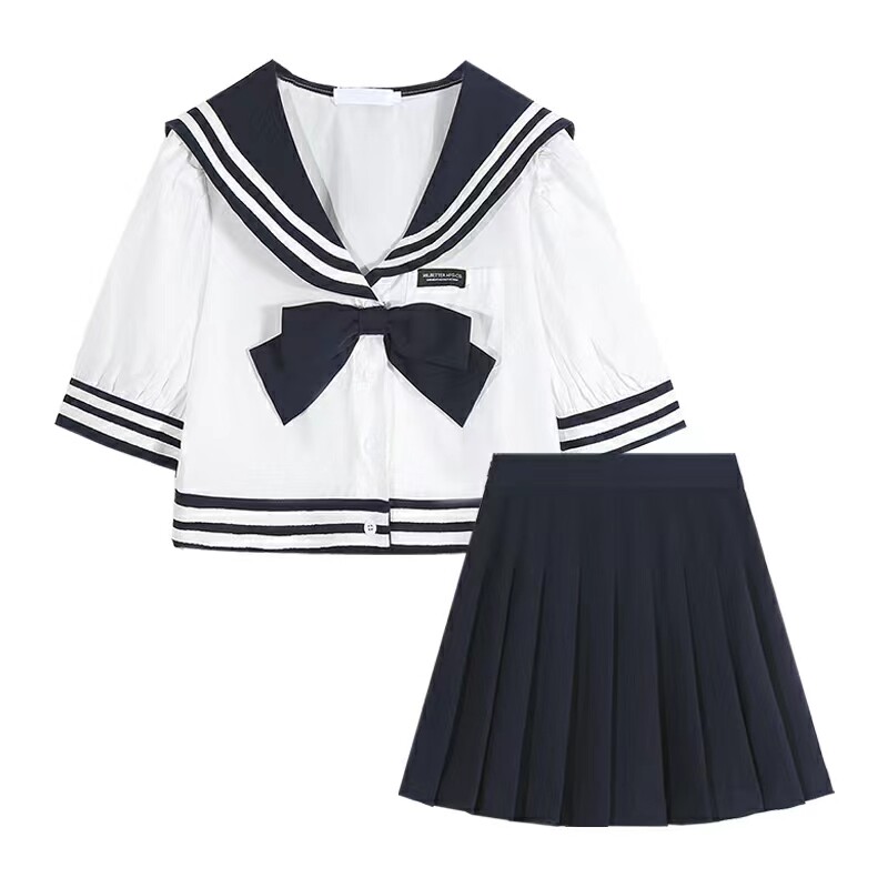海军领学院风jk制服套装夏季蝴蝶结短款上衣女小个子高腰百褶裙子