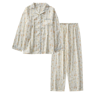 温馨治愈小黄鸭睡衣女士春秋夏季纯棉双层纱布长袖长裤家居服套装