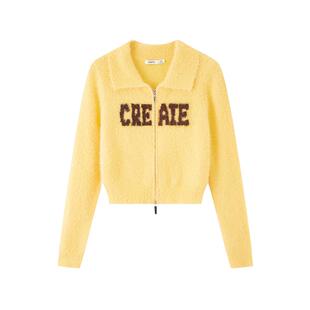 三福毛衣女2026新款春季撞色英文仿貂毛开衫小个子上衣女装515525