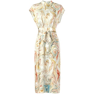 绝色时尚女装经典款 夏天设计感水墨印花立领缎面改良旗袍连衣裙