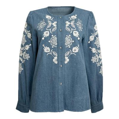 NAZ那子大码秋季新款法式气质蓝色刺绣胖mm复古洋气显瘦长袖衬衫