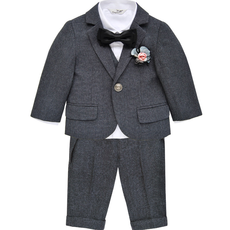 男童小西装六件套春秋薄款西服周岁生日套装深灰花童礼服折3件套