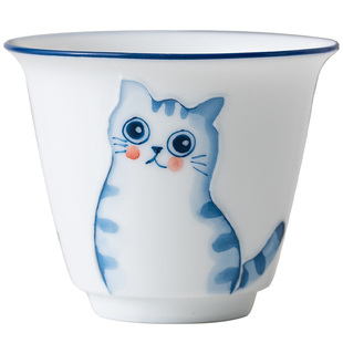 九皿手绘猫咪茶杯家用白瓷品茗杯主人杯茶盏陶瓷个人杯家用单杯女