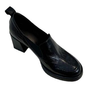 羊皮版~英伦风粗跟乐福鞋女黑色圆头百搭中跟小个子通勤高跟单鞋