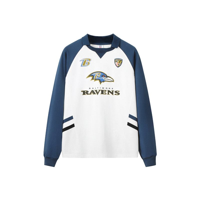 NFL美橄超级碗乌鸦队美式复古运动Jersey球衣插肩撞色POLO长袖T恤