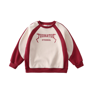 网红亲子装一家三口秋冬新款字撞色拼字印花卫衣洋气百搭宽松上衣