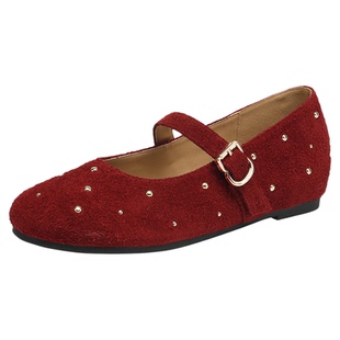 星期六红色单鞋女2025新款春季小皮鞋法式铆钉玛丽珍女鞋平底婚鞋