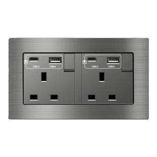 13A电制插座USB带typec快充 灯制开关墙壁电源面板铝合金拉丝灰色
