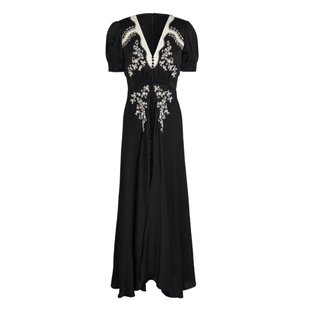 朱珠同款黑色法式v领连衣裙女轻奢高级感钉珠收腰气质礼服长裙子
