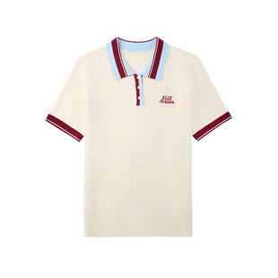 ELLE Active学院风翻领针织短袖女春夏时尚POLO衫高级撞色T恤上衣