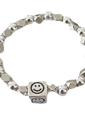 碎银子方块笑脸弹力绳戒指女指环925纯银小众ins简约百搭银饰新款