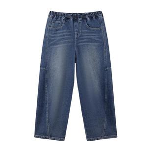 左西2025新款男童加绒牛仔裤弯刀裤不开裆休闲印花水洗洋气秋装