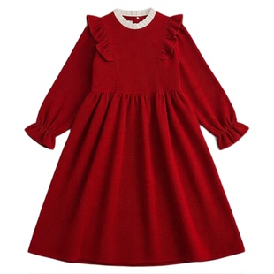 女童秋冬复古蝴蝶结连衣裙新款长袖胖妹妹收腰儿童过新年长裙加绒