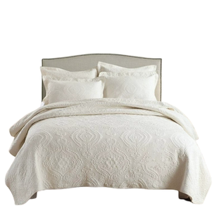 外贸美式双面纯棉绣花绗缝被三件套高档床盖全棉纯色四季通用床单