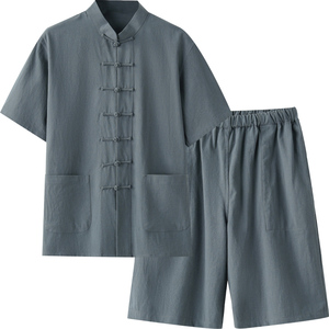 中老年男式夏季棉麻唐装套装中国风短袖短裤两件套爸爸夏装汉服男