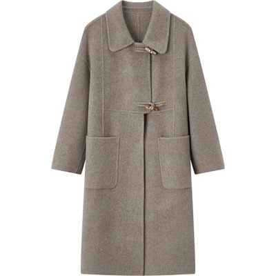 爱居兔时尚牛角扣大衣女冬季新款小翻领双面呢大衣