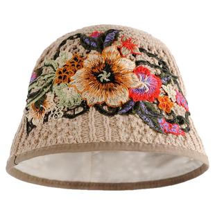 民族风刺绣花女编织镂空透气渔夫帽防晒遮阳盆帽针织水桶帽子国风