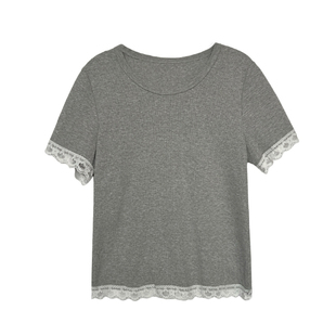 3ts夏季法式蕾丝花边拼接正肩T恤宽松显瘦短袖气质上衣