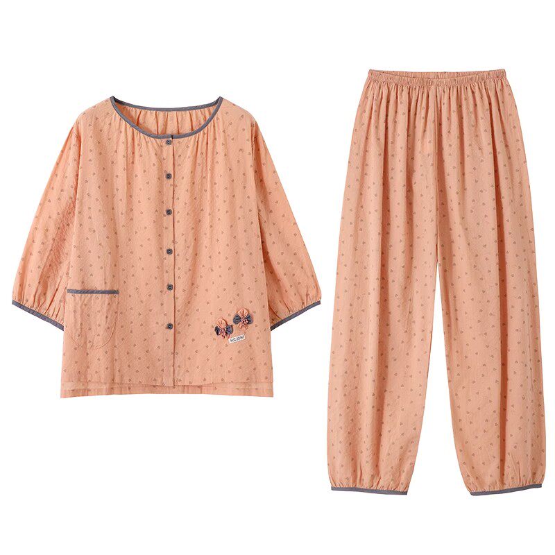 浪莎带胸垫睡衣女夏季云朵棉七分袖九分裤韩范家居服薄款两件套装