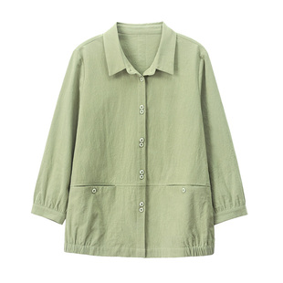 纯棉衬衣女款春秋薄款外套大码宽松减龄洋气中年妈妈翻领衬衫上衣