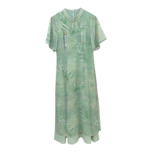 兰花【自制款】大码胖mm假两件绿色显白新中式旗袍连衣裙清新雅致