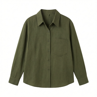 绿色设计感polo宽松复古港味纯色长袖衬衫女显瘦春季新款棉麻衬衣