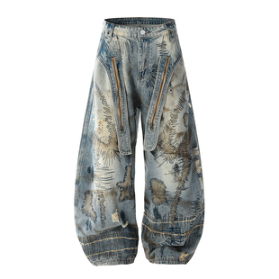 DESIGNSECRETS 25FW美式重工弯刀牛仔裤男潮牌乱针刺绣污渍裤子潮