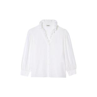 季末7折SANDRO秋冬女装经典款优雅白色木耳边V领长袖桑蚕丝衬衫