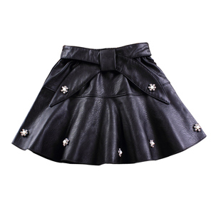 钉珠柔软女童皮短裙儿童裙裤 PU皮水洗半身裙宝宝腰裙小孩装秋冬