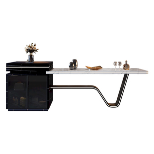 高端岩板岛台一体餐桌可伸缩龙抬头意式导台带水槽劳伦黑金鱼肚白