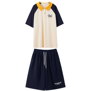 初中生休闲套装少女夏季新品绣花拼色POLO衫短裤宽松两件套运动服