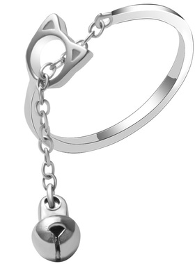 纯银猫咪铃铛开口学生饰品尾戒