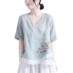 棉麻V领短袖上衣女2023夏季拼色包边假斜襟双盘扣中国风亚麻茶服