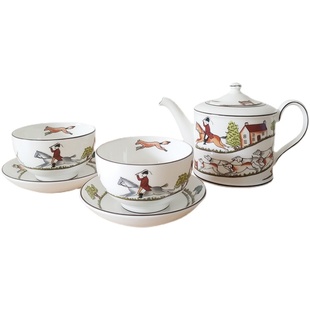 现货WEDGWOOD狩猎即景日式茶碗骨瓷小茶壶茶具套装进口正品
