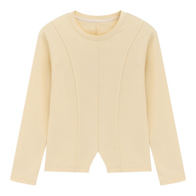 Basic House/百家好法式开叉下摆明线T恤显瘦圆领修身长袖上衣女