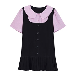 绮娑大码女装2025夏装新款娃娃领显瘦胖mm连衣裙拼接假两件A字裙