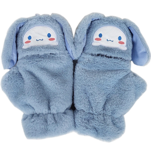 韩版可爱卡通长耳朵狗学生双层加绒保暖写字露半指翻盖手套女冬季