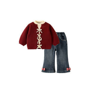 女童套装小公主洋气时髦冬装过年服新款红色新年衣服宝宝周岁礼服