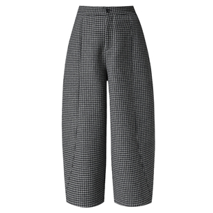 灰色加绒格子裤女毛呢裤子秋冬休闲小个子八分九分弯刀直筒阔腿裤