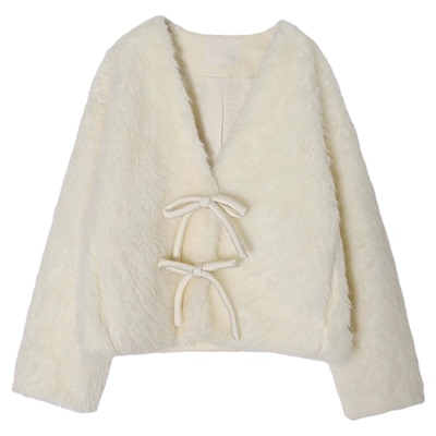 有耳uare立体蝴蝶结毛绒皮草外套